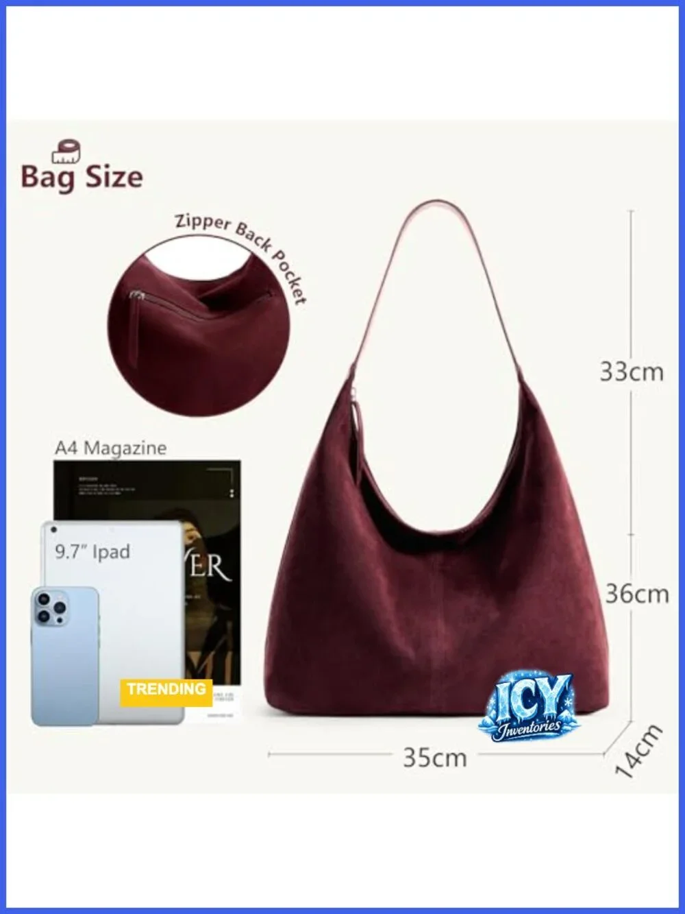 Slouchy Tote Bag 18L Faux Suede Leather Hobo Zipper Shoulder Purse Work Travel